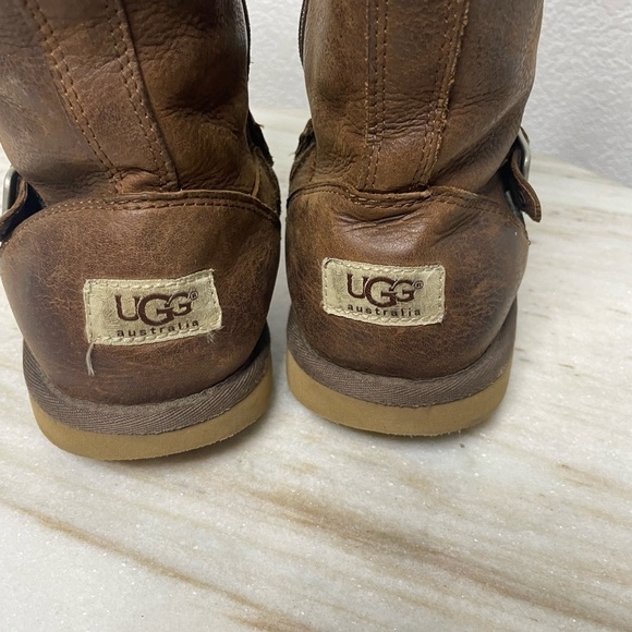 UGG boots leather fur lined men sz 5 distressed brown double buckle - Picture 3 of 9